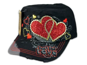 Black Cadet Cap Red Hearts Army Hat Vintage Distressed Visor - Picture 1 of 4