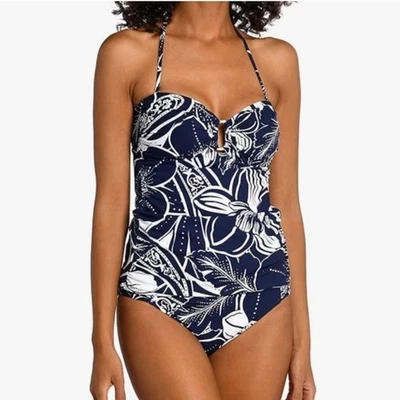 La Blanca The Playa Shirred Floral Tankini Swimsuit Top Tummy Control Navy 12 - Image 1 of 4