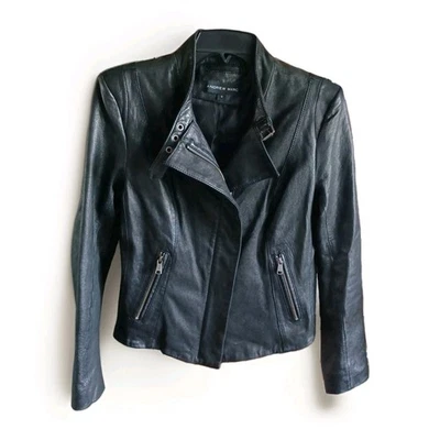 Andrew Marc Women's Moto Jacket Size Medium Full Zip Leather Black Lined Pockets - Image 1 of 4