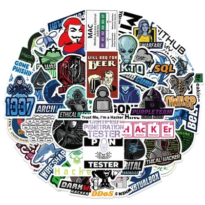 Paquete de 50 pegatinas Hacker para computadora portátil/botella de agua/teléfono/guitarra vinilo impermeable Foto 1 de 4