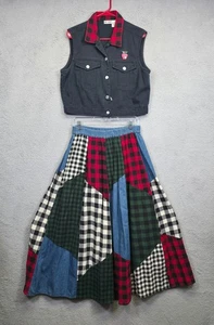 Vintage Sun River Outfit 2pcs Women L Flannel Vest Patchwork Denim Skirt Teacher - Picture 1 of 20