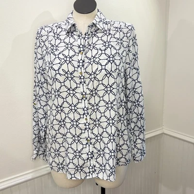 Top Charter Club Luxury 100 % lino abotonado lengüeta enrollable manga estampado geográfico Foto 1 de 4