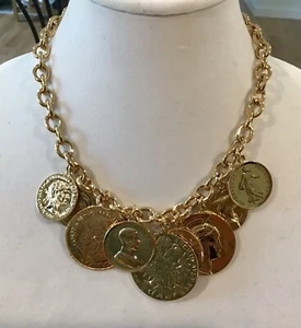 AUTHENTIC VTG BEN AMUN SIGNED 24 GP LG EUROPEAN FAUX HEAVY COINS 18” NECKLACE - Picture 1 of 12