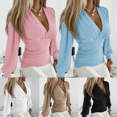 MARKENLOS Damen T-Shirt Langarm V-Ausschnitt Elegant Slim Fit Oberteile Partybluse ↷