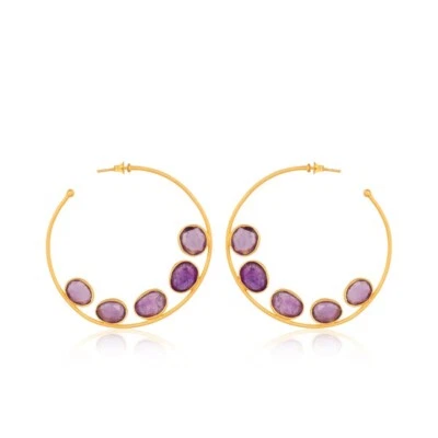 Pendientes de aro chapados en oro de 18k amatista hechos a mano de latón aretes de moda joyería Foto 1 de 3