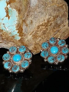 Navajo Signed Turquoise Sterling Cluster Post Earrings By Sally Yazzie - Picture 1 of 12