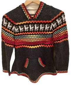Girls HAND KNIT Hooded Alpaca Tunic Sweater. Ethnic Peruvian Llama Design M/L - Picture 1 of 6