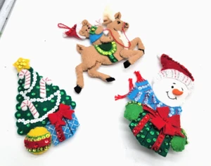 3  Bucilla Handmade  Sequin Christmas Ornaments Finished Tree-Snowman-Reineer - Picture 1 of 4
