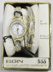 Elgin Women's Crystal Accented Dress Watch And Bracelet Set - New w/ Battery - Picture 1 of 6