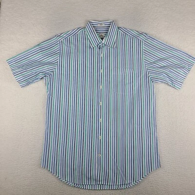 Peter Millar Shirt Mens Large Blue Green White Striped Casual Cotton Button Up * - Image 1 of 4