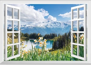 Fake Window Wall Mural - Spring Faux Window Wall Sticker for Wall Decor, Stick a - Picture 1 of 12