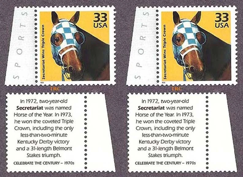 SECRETARIAT -LOT OF 2 UNUSED 33 CENT HORSE RACING POSTAGE STAMPS! MINT CONDITION - Image 1 of 1