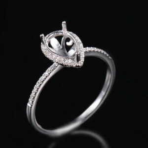 Massiver 14K Weißgold Birnenschliff 7 x 5 mm natürlicher Diamant Halbfassung Ringfassung - Bild 1 von 5