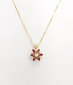 14K Yellow Gold Ruby and Diamond Star/Flower Pendant 18" Box Chain N768 - Picture 1 of 11