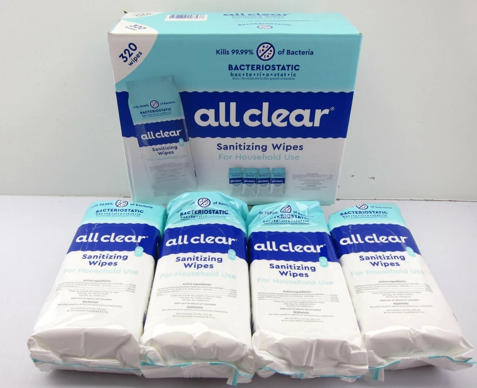NEW All Clear 320 Count Sanitizing Wipes Cleaner 4 Pks x 80 Bacteriostatic 8"x7" - Image 1 of 2