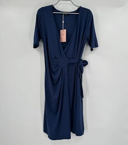 Quince Maternity & Nursing Navy Blue Tencel Jersey Wrap Dress sz S Short Sleeve - Picture 1 of 7