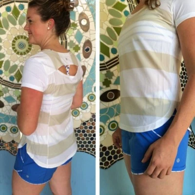 Lululemon Aligerado Manga Corta Paseo Rayas Estampado Anacardo Off White Talla 4 Foto 1 de 4