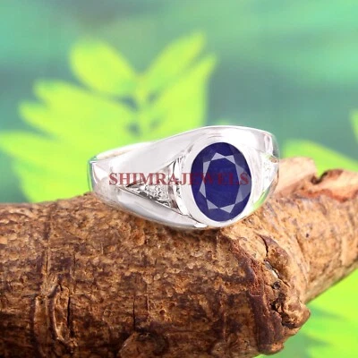 Piedra preciosa de zafiro azul térmico con anillo de plata enchapado en oro blanco de 18 quilates para hombre #190 Foto 1 de 4