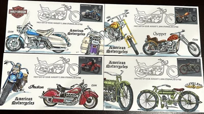 #3905 American Motorcycles  Collins Hand-painted Complete set of 4 FDC's Superb! - Image 1 of 4