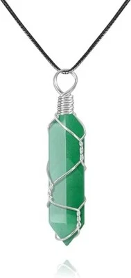 Collar colgante de cristal curativo verde alambre de plata cadena de cuero joyería de piedra Foto 1 de 4