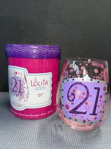 Lolita Love My Wine "21" Birthday Hand Painted 20oz Stemless Wine Glass - Picture 1 of 6