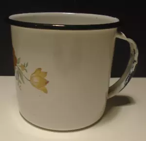 Emailleware Kaffeebecher 12 Unzen Blumen Rose weiß schwarz Borte - Bild 1 von 6