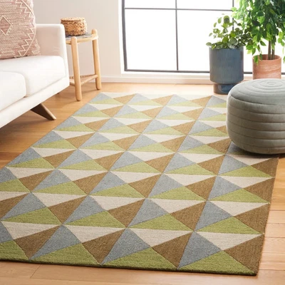 Mid-Century Modern Green & Brown Geometric Wool Area Rug 8x10 | Living Room Rug - Image 1 of 4