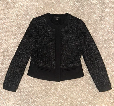 Chaqueta Corta Ann Taylor Negra 2P Carrera Vacaciones Brillante Lana Tweed Metálica Foto 1 de 4
