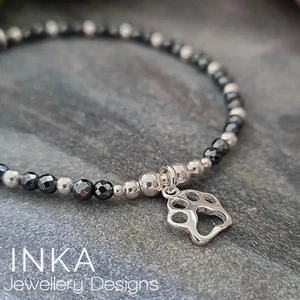 Sterling Silver Hematite Paw Print Bracelet 925 Beaded Stretch Stacker By INKA - Picture 1 of 9