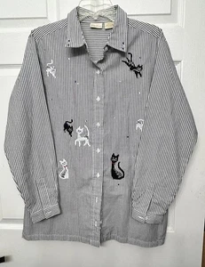 Vintage Bobbie Brooks BLACK CATS bestickt schwarz Nadelstreifen Knopfleiste Hemd ~ M - Bild 1 von 8