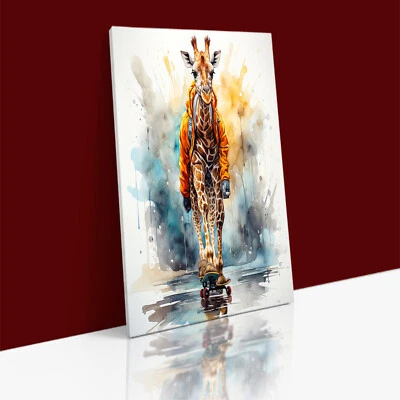 FASHIONABLE GIRAFFE ON A SKATEBOARD WATERCOLOR Abstract Canvas Wall Art Print - Image 1 of 2