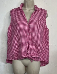 Tommy Hilfiger Large Linen Sleeveless Button Down Pink White Tie Front - Picture 1 of 6
