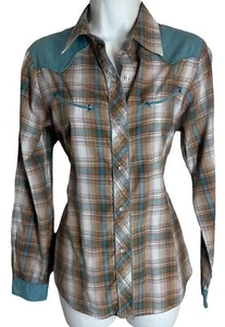 ROPER Top S Pearl Snap Western Rodeo Cowgirl Brown Teal Plaid Long Sleeve - Picture 1 of 5