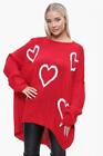 Women Heart Print Knitted Oversized Lagenlook Jumper Ladies Sweater Hi Lo Top UK