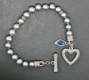Judith Ripka Sterling Silver 8mm Gray Pearl Heart Toggle Blue CZ Dangle Bracelet