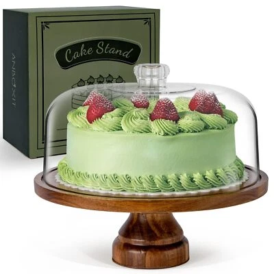 Cake Stand With Dome Lid Acacia Wood Cake Plate With Cover Wooden Cake Display S Foto 1 de 4