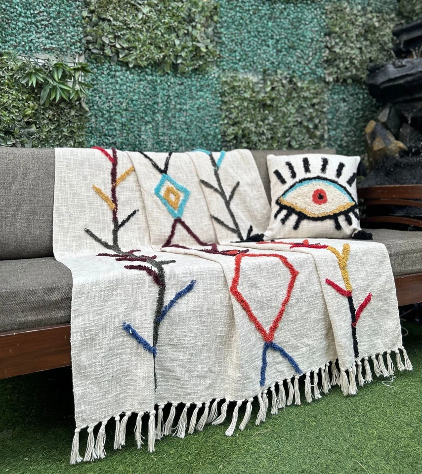 Boho Cotton King Size Bed Sheet Set with Abstract Tribal Tufted Embroidery - Image 1 of 1