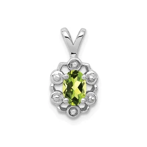 925 Sterling Silver Diamond & Peridot August Birthstone Fancy Oval Pendant - Picture 1 of 4