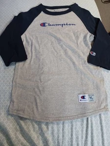 Champion Youth Raglan Baseball T-Shirt YL Gray/Blue Logo 3/4 sleeve - Picture 1 of 8
