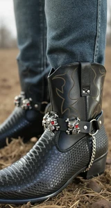 Men Women Boot Straps Silver Chain Pair Black Faux Leather Pirate Skull Charms - Picture 1 of 24