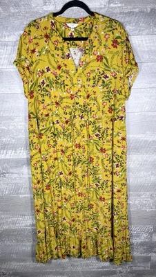 Vestido maxi amarelo flor silvestre floral babado cintura amarrada tamanho 1X bolsos Cottagecore - Imagem 1 de 4