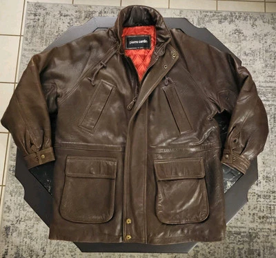 Abrigo chaqueta de campo de cuero vintage Pierre Cardin para hombre XL marrón forrado de lana suave Foto 1 de 4