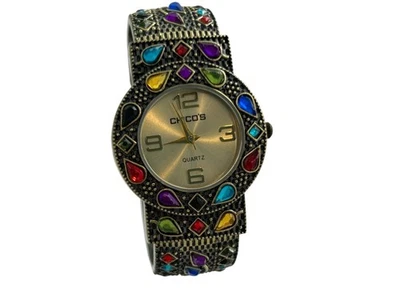 Chicos Watch Colorful Gemstones Antique Gold Tone Cuff Bracelet Style Works - Image 1 of 4