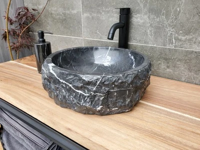 Fregadero de mármol negro, fregadero de baño redondo de mármol de 14 x 14 pulgadas, sobre encimera Foto 1 de 4