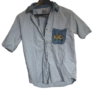 Vintage Embroidered Beaded Sunflower Lady Bug Blue Striped Button Up Shirt Med - Picture 1 of 9