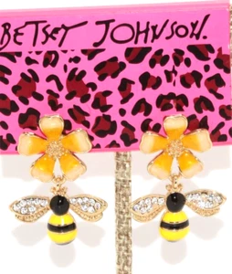 Betsey Johnson Earrings Bumble Honey Bee Rhinestone Enamel Flower NEW - Picture 1 of 7