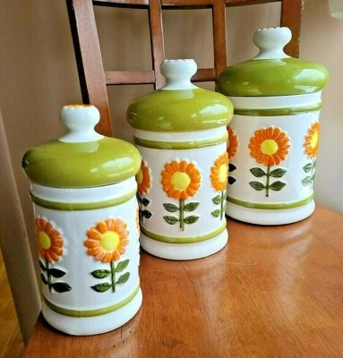 Vintage MOD DAISY Flower Power Canister Set 3 MADE IN JAPAN Yellow Orange - Image 1 of 4