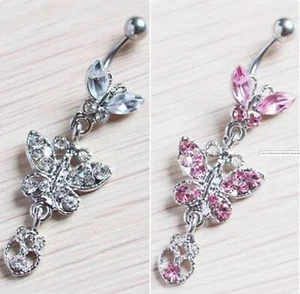 Twin Butterfly drop Heart Belly Button Ring, Navel Ring, Sea Belly Ring, Pink, - Picture 1 of 5