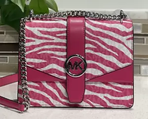 MICHAEL KORS GREENWICH SMALL FLAP CROSSBODY MK CHAIN BAG TOTE PINK ANIMAL ZEBRA - Picture 1 of 13