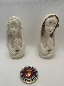 2 Vintage Miniature Madonna Figurines- White And Painted Set Lot Mary Statuettes - Picture 1 of 5